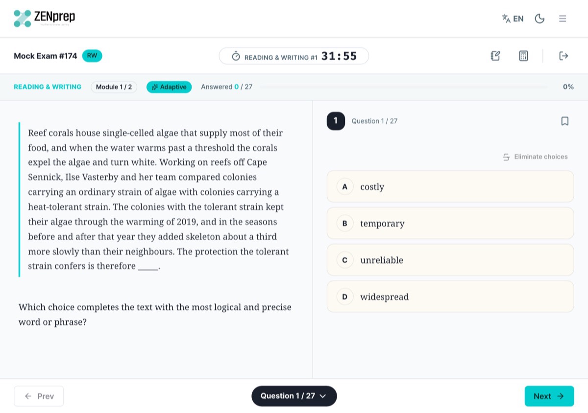 Bluebook-style mock exam screen