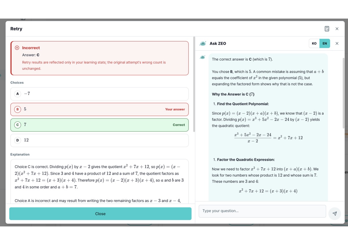Retry screen with the Ask ZEO tutor panel