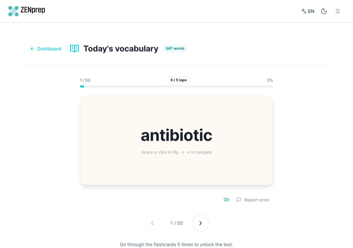 Vocabulary flashcard screen