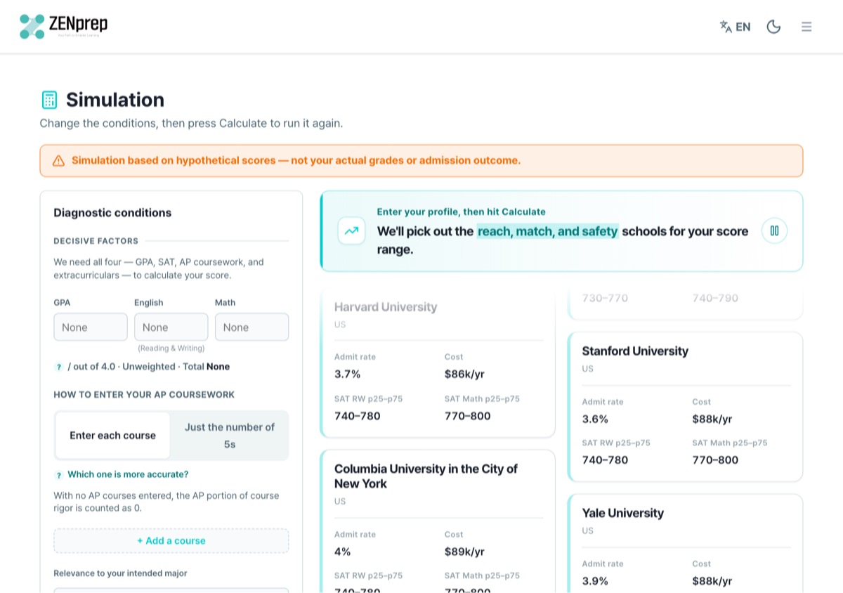 Admissions simulator screen
